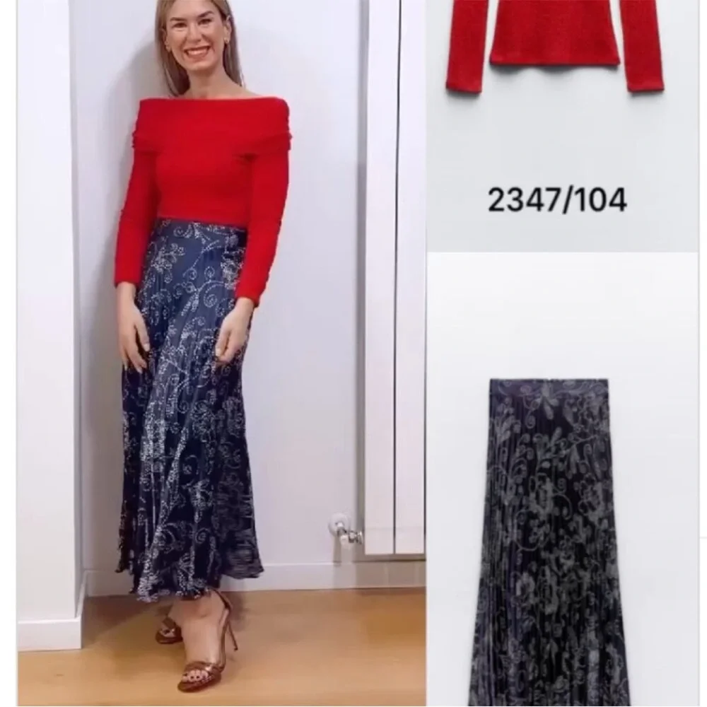 Zara, Navy/white, Printed pleated midi skirt, Medium